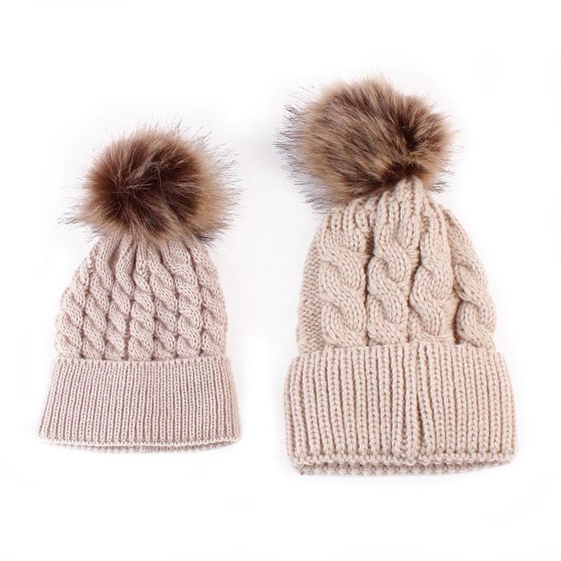 2Pcs Modern Mother & Baby Child Warm Winter Beanie Fur Pom Hat Crochet Ski Cap For Winter Stevvex