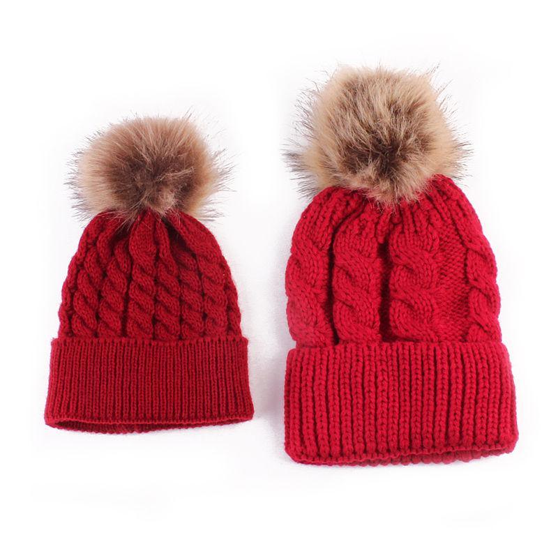 2Pcs Modern Mother & Baby Child Warm Winter Beanie Fur Pom Hat Crochet Ski Cap For Winter Stevvex