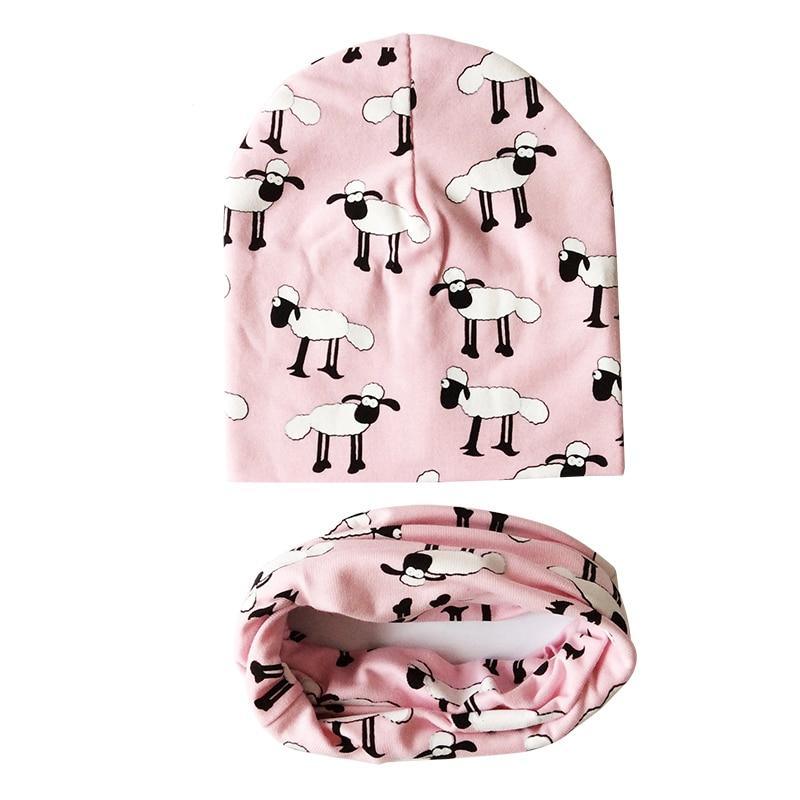 Modern Children Girls Cartoon Sheep Printing Cotton Hat and Scarf Animal Pattern Kids Caps Baby Beanie Stevvex