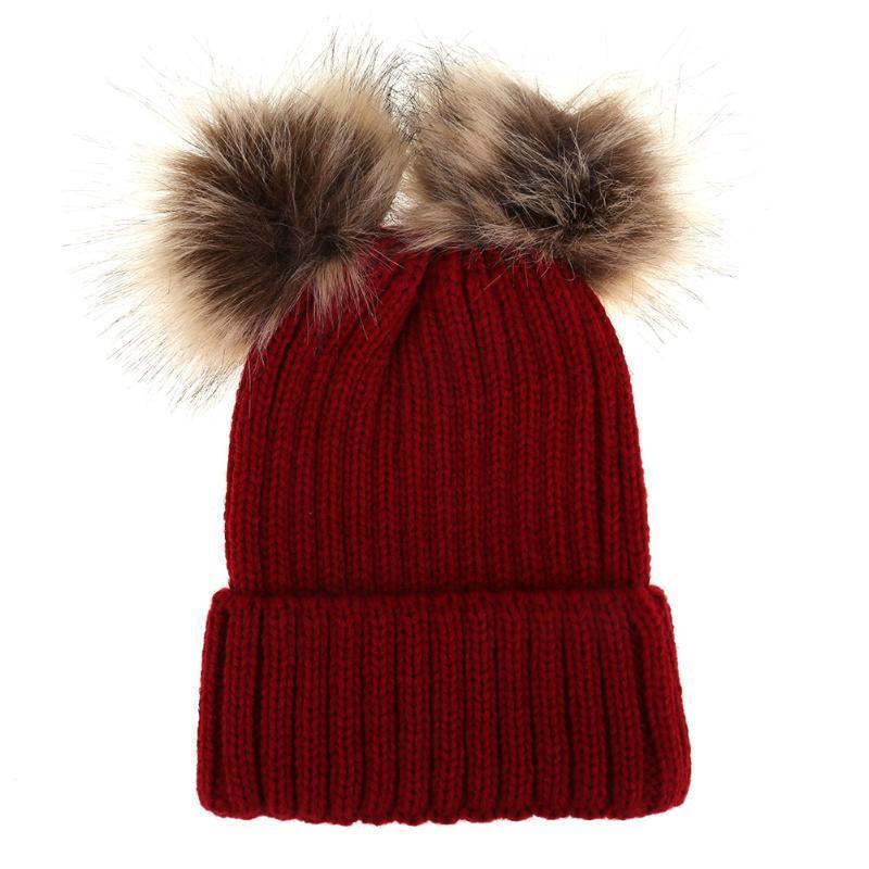 Fashion Parent-child Caps Cute Infant Baby Pom Pom Cap Winter Double Fur Ball Hat Baby Mom Warm Knitted Hat Stevvex