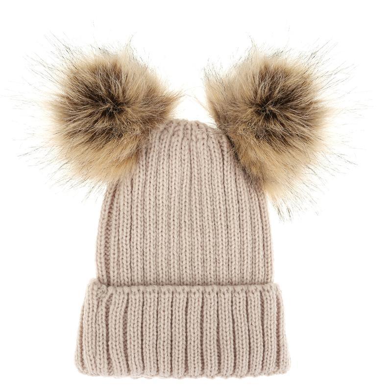 Fashion Parent-child Caps Cute Infant Baby Pom Pom Cap Winter Double Fur Ball Hat Baby Mom Warm Knitted Hat Stevvex