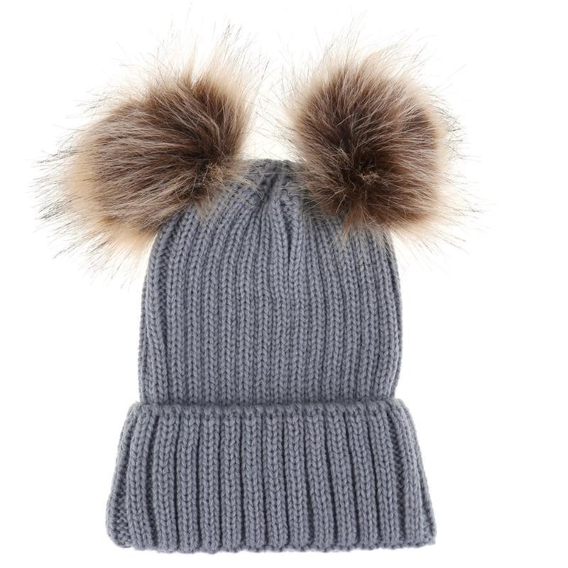 Fashion Parent-child Caps Cute Infant Baby Pom Pom Cap Winter Double Fur Ball Hat Baby Mom Warm Knitted Hat Stevvex