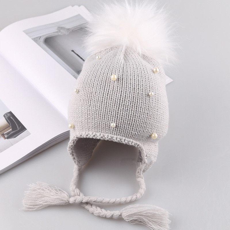Beautiful Newborn Cute Pearl Winter Warm Knit Pompom Hats Infant Kids Soft Hat For Baby Boy And Girls Stevvex