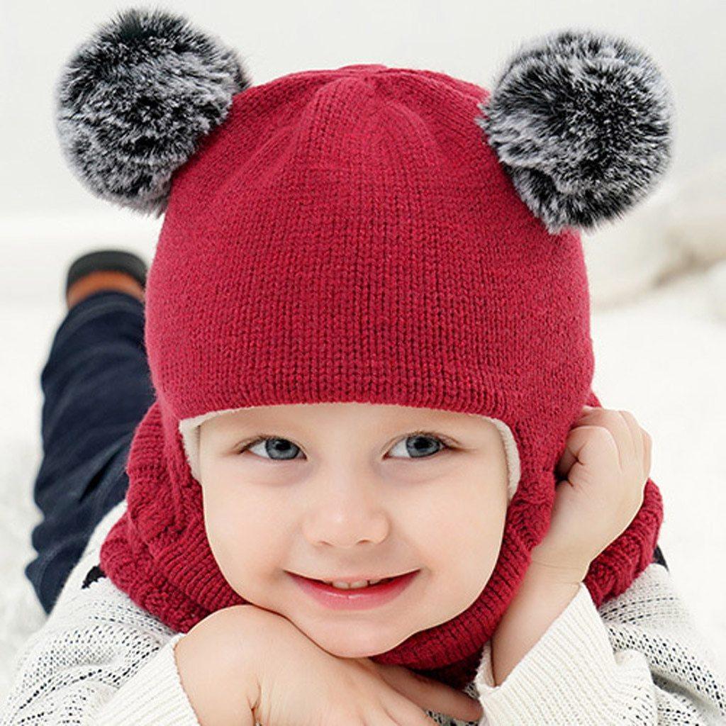 Modern New Kids Winter Hats Ears Girls Boys Children Warm Caps Scarf Set Baby Knitted Cute Cap For Winter For Boys and Girls Stevvex
