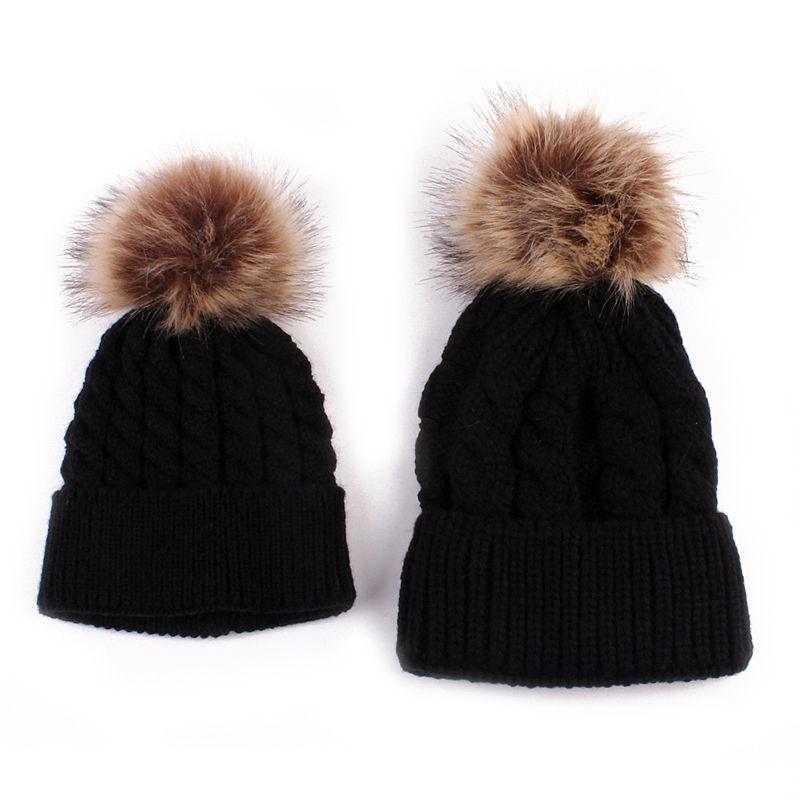 2Pcs Modern Mother & Baby Child Warm Winter Beanie Fur Pom Hat Crochet Ski Cap For Winter Stevvex