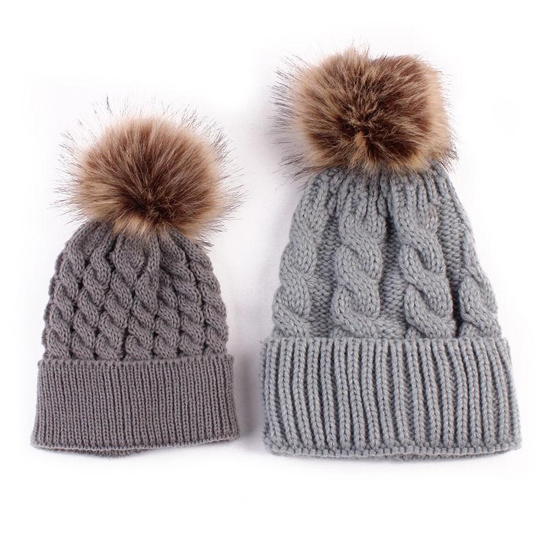 2Pcs Modern Mother & Baby Child Warm Winter Beanie Fur Pom Hat Crochet Ski Cap For Winter Stevvex
