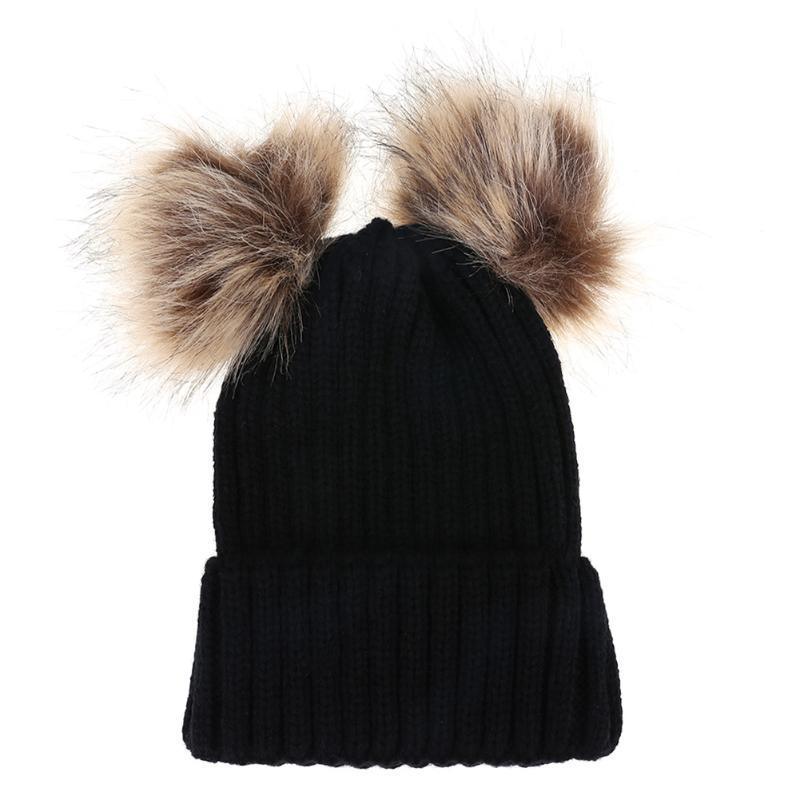 Fashion Parent-child Caps Cute Infant Baby Pom Pom Cap Winter Double Fur Ball Hat Baby Mom Warm Knitted Hat Stevvex