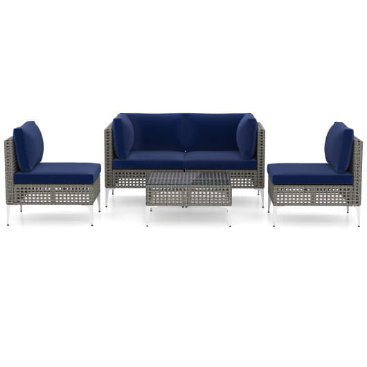 5 Piece Outdoor Furniture Set Patio Rattan Chairs with Tempered Glass Coffee Table-Navy
