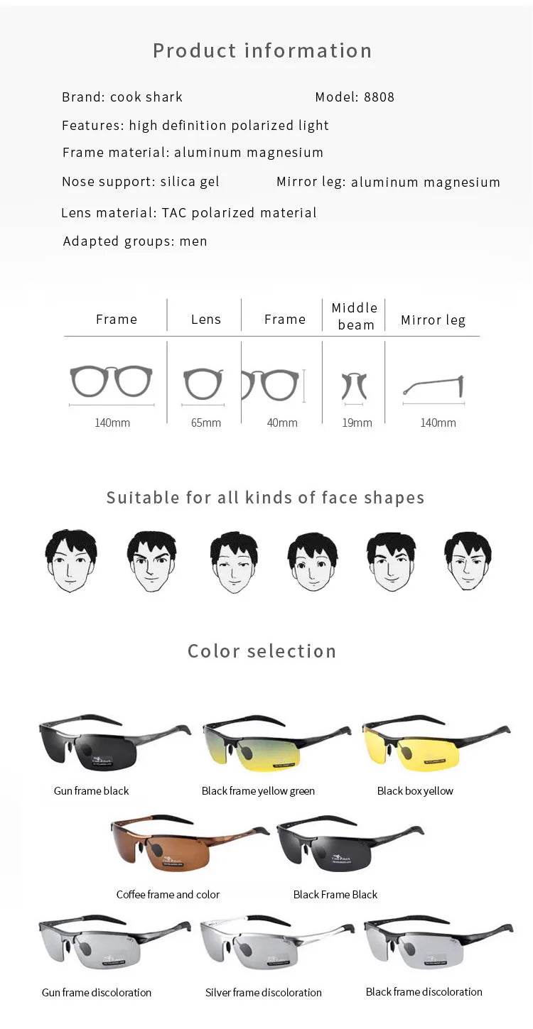 Cook Shark's New Aluminum Magnesium Sunglasses Men's sunglasses HD Polarized Driving Color Glasses Tide