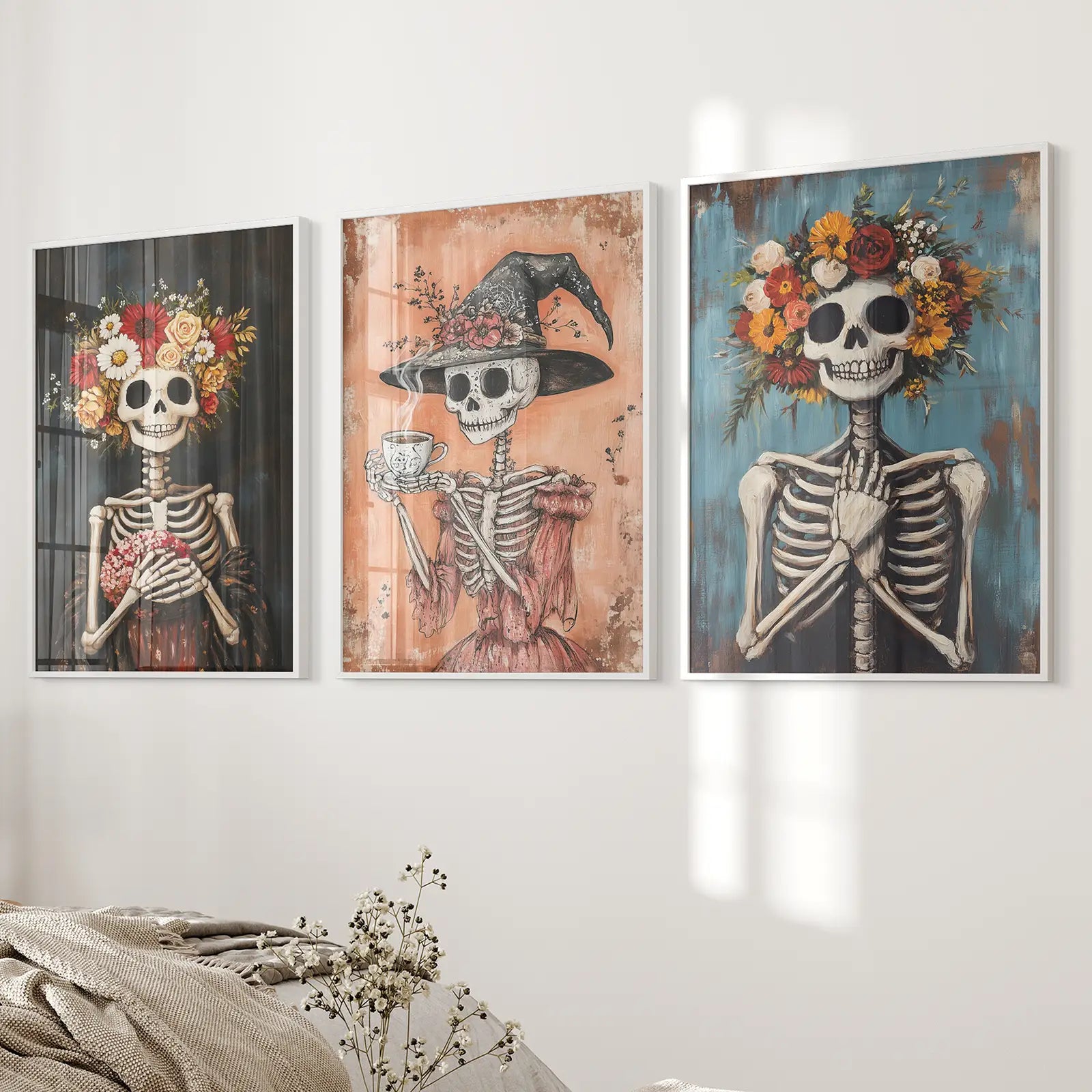 Cozy Floral Skeleton Wall Art Decor Poster Set Wall Art Set