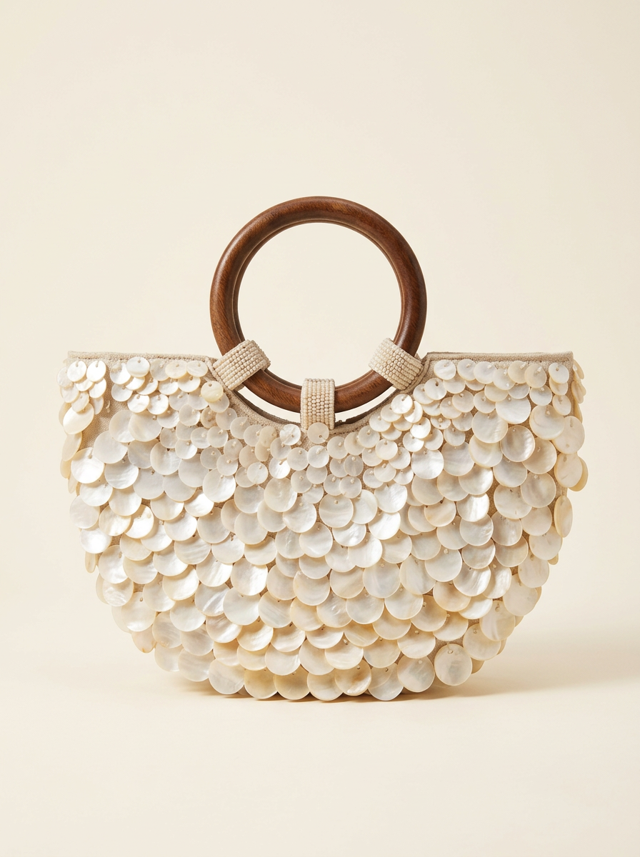 Handmade Shell Handbag Pearl Shell Tote Bag with Wooden Handle LINTICO