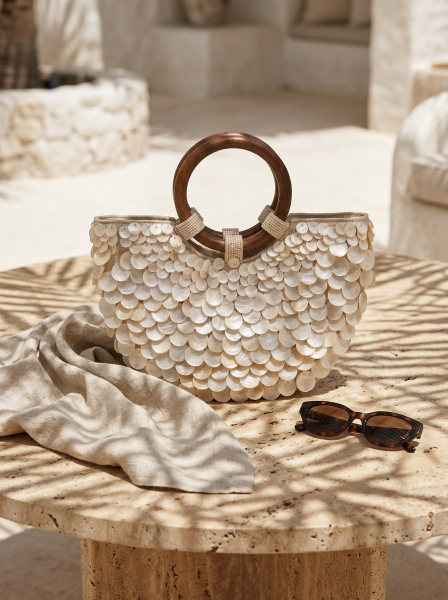Handmade Shell Handbag Pearl Shell Tote Bag with Wooden Handle LINTICO