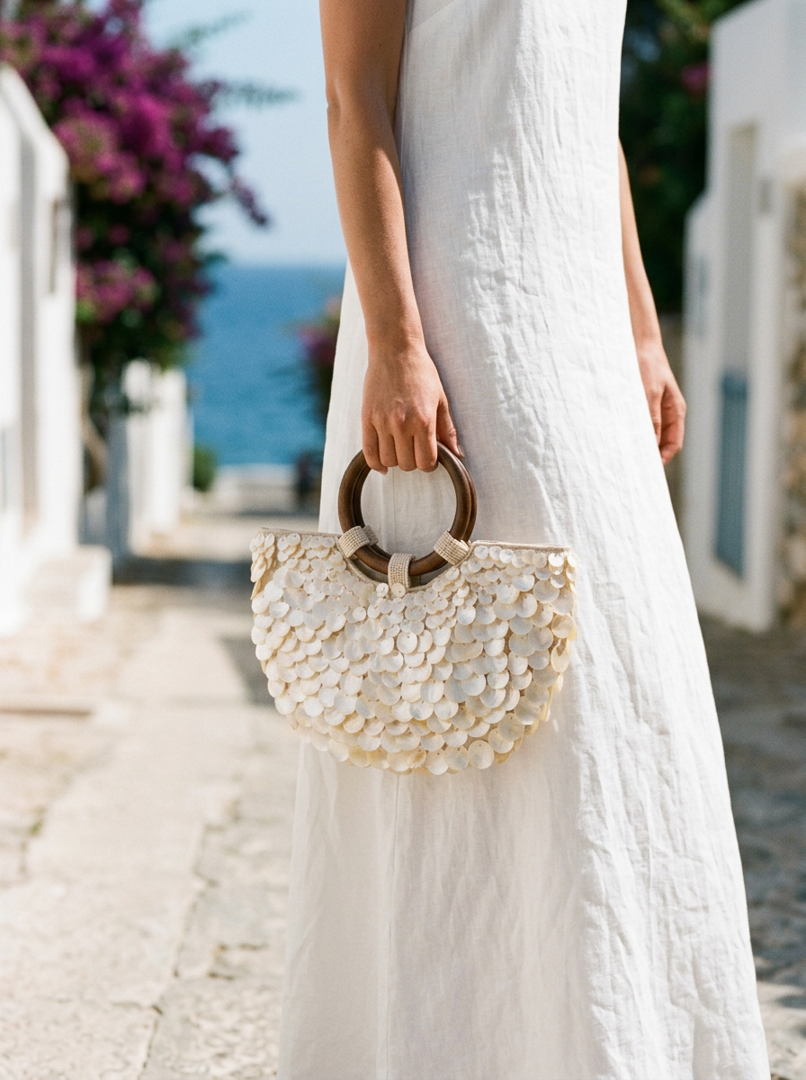 Handmade Shell Handbag Pearl Shell Tote Bag with Wooden Handle LINTICO