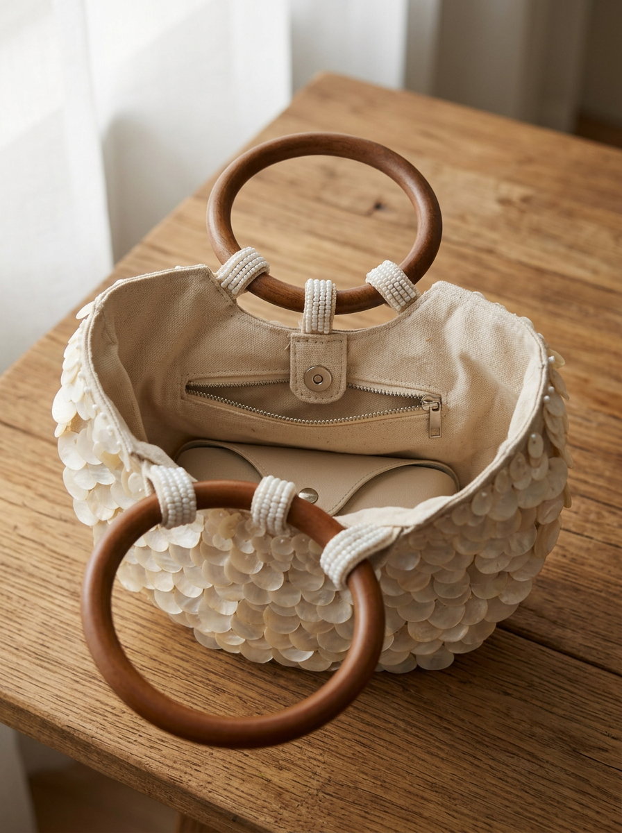 Handmade Shell Handbag Pearl Shell Tote Bag with Wooden Handle LINTICO