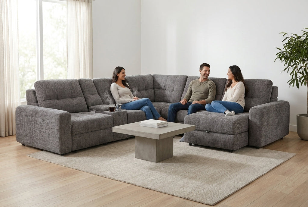 Haven Gunmetal 7-Piece Sleeper Sectional with Sliding Seats and Storage Ornate Furniture