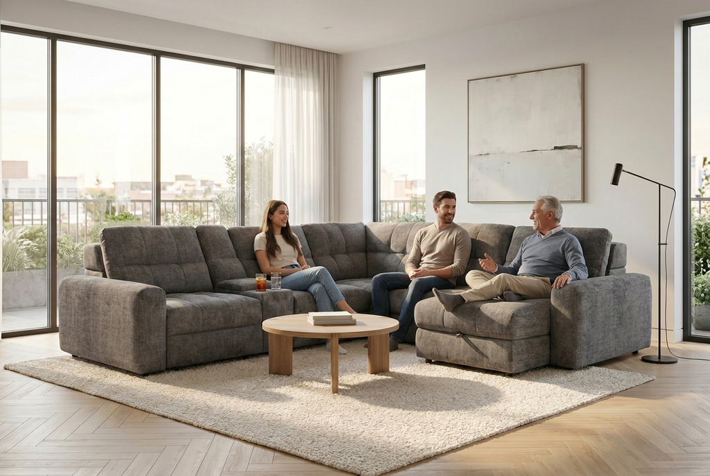 Haven Gunmetal 7-Piece Sleeper Sectional with Sliding Seats and Storage Ornate Furniture