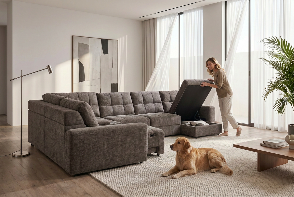 Haven Gunmetal 7-Piece Sleeper Sectional with Sliding Seats and Storage Ornate Furniture