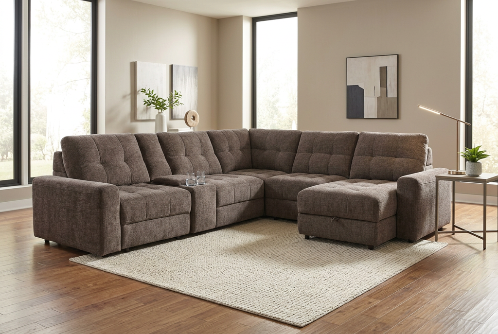 Haven Gunmetal 7-Piece Sleeper Sectional with Sliding Seats and Storage Ornate Furniture