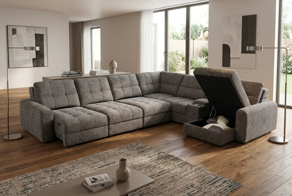 Haven Gunmetal 7-Piece Sleeper Sectional with Sliding Seats and Storage Ornate Furniture