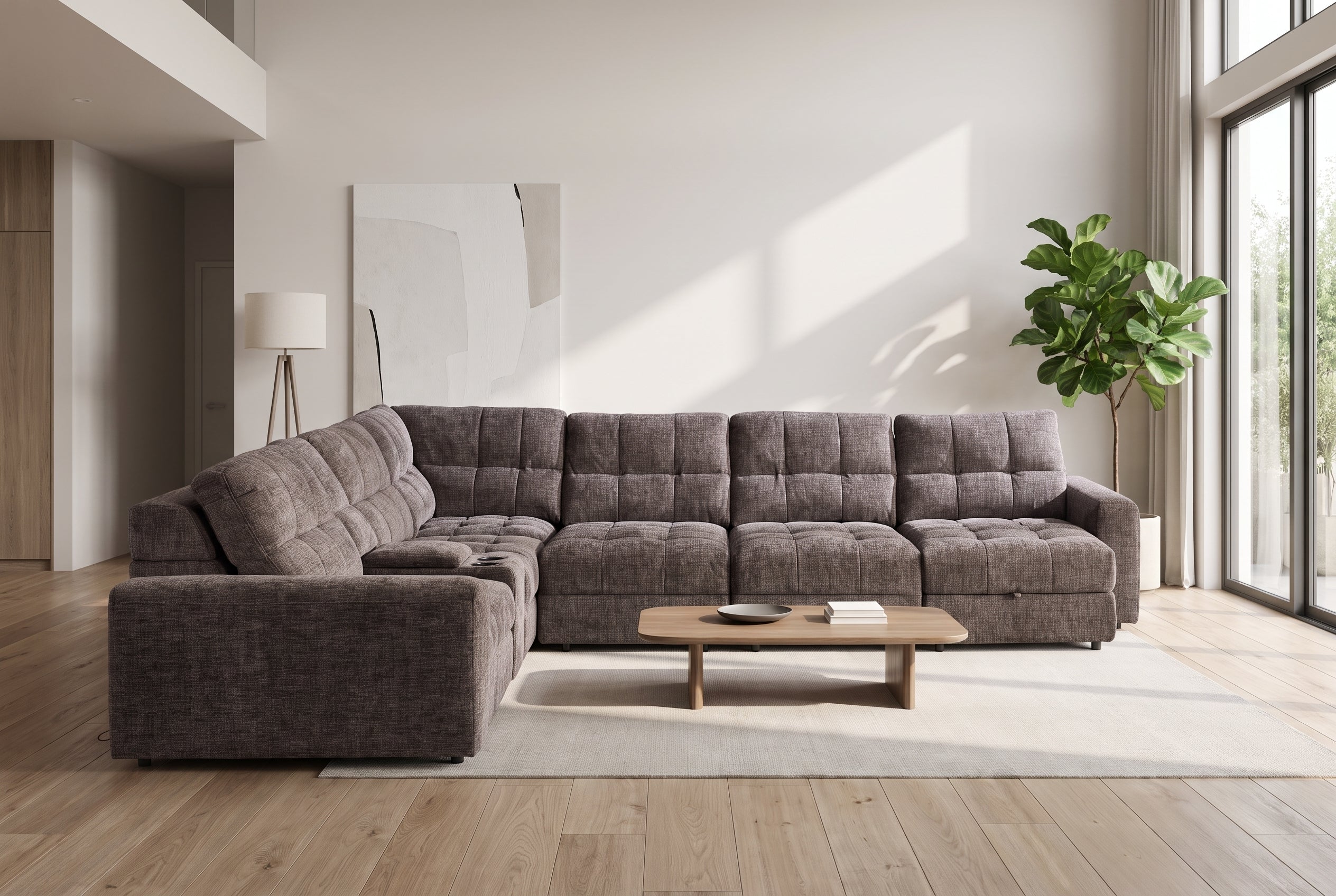 Haven Gunmetal 7-Piece Sleeper Sectional with Sliding Seats and Storage Ornate Furniture