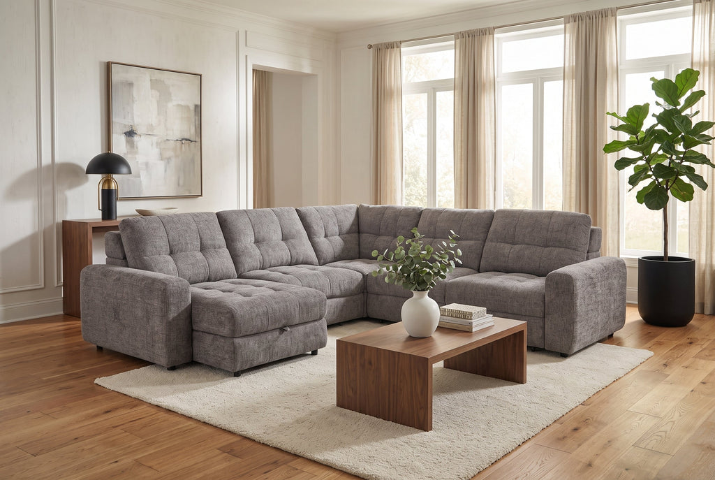 Haven Gunmetal 7-Piece Sleeper Sectional with Sliding Seats and Storage Ornate Furniture