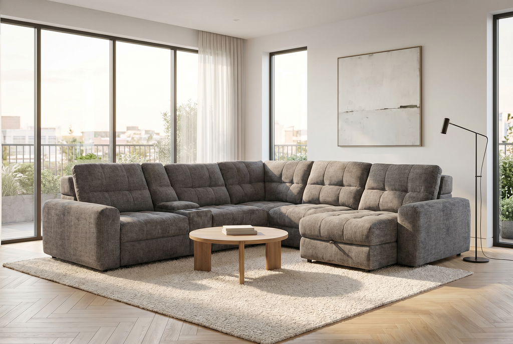 Haven Gunmetal 7-Piece Sleeper Sectional with Sliding Seats and Storage Ornate Furniture