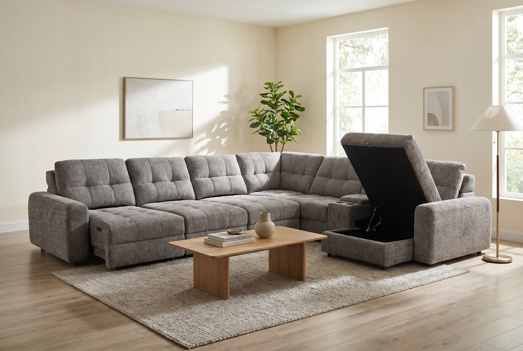 Haven Gunmetal 7-Piece Sleeper Sectional with Sliding Seats and Storage Ornate Furniture