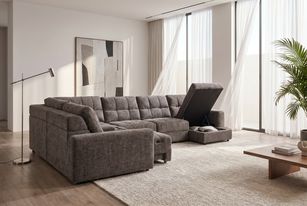 Haven Gunmetal 7-Piece Sleeper Sectional with Sliding Seats and Storage Ornate Furniture
