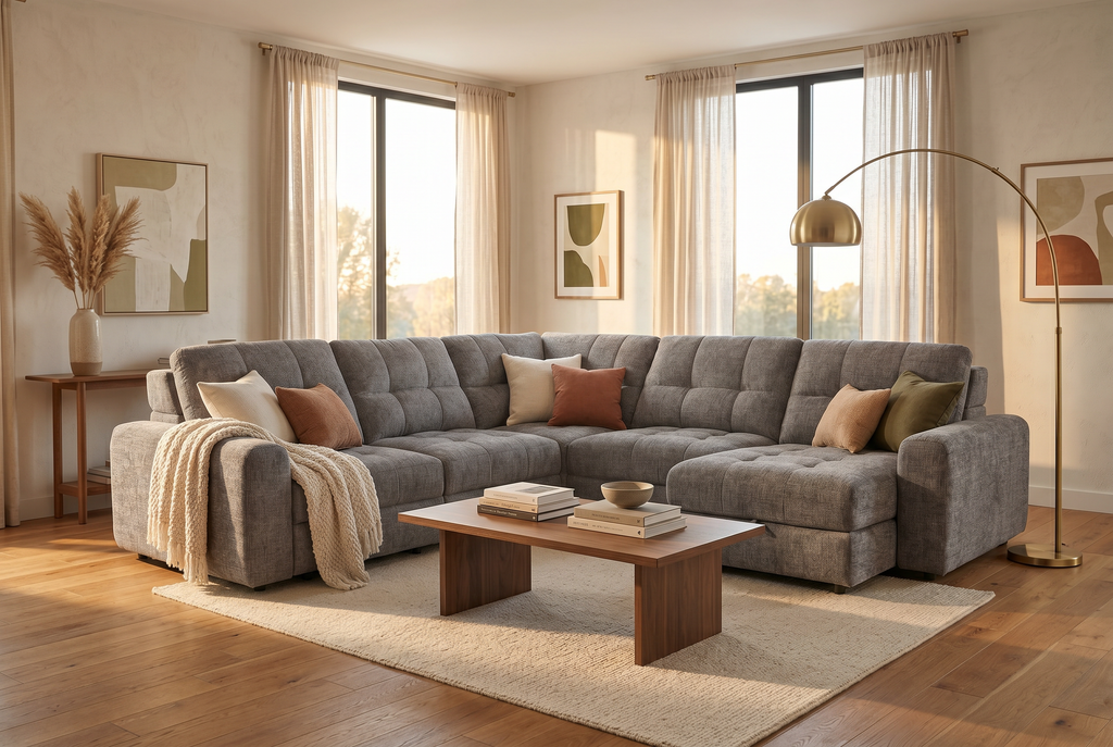 Haven Gunmetal 7-Piece Sleeper Sectional with Sliding Seats and Storage Ornate Furniture