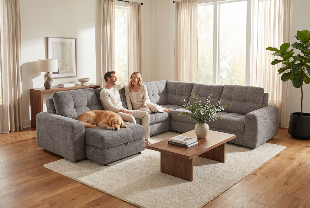 Haven Gunmetal 7-Piece Sleeper Sectional with Sliding Seats and Storage Ornate Furniture