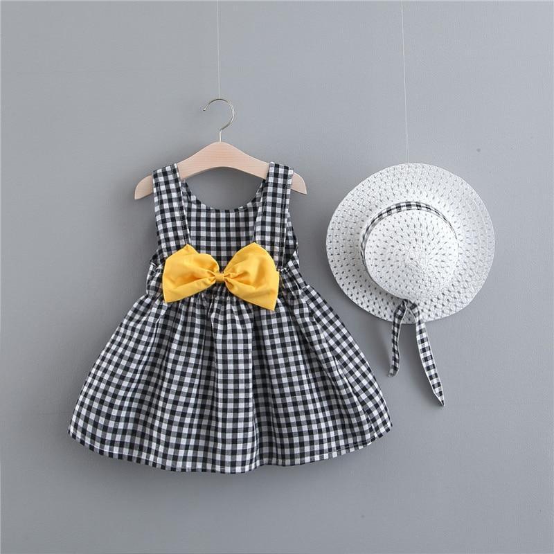 Print Plaid Bow Summer Princess Party Dress Infant Newborn Baby Dress+Hat 2pcs Kids Clothing Set Stevvex