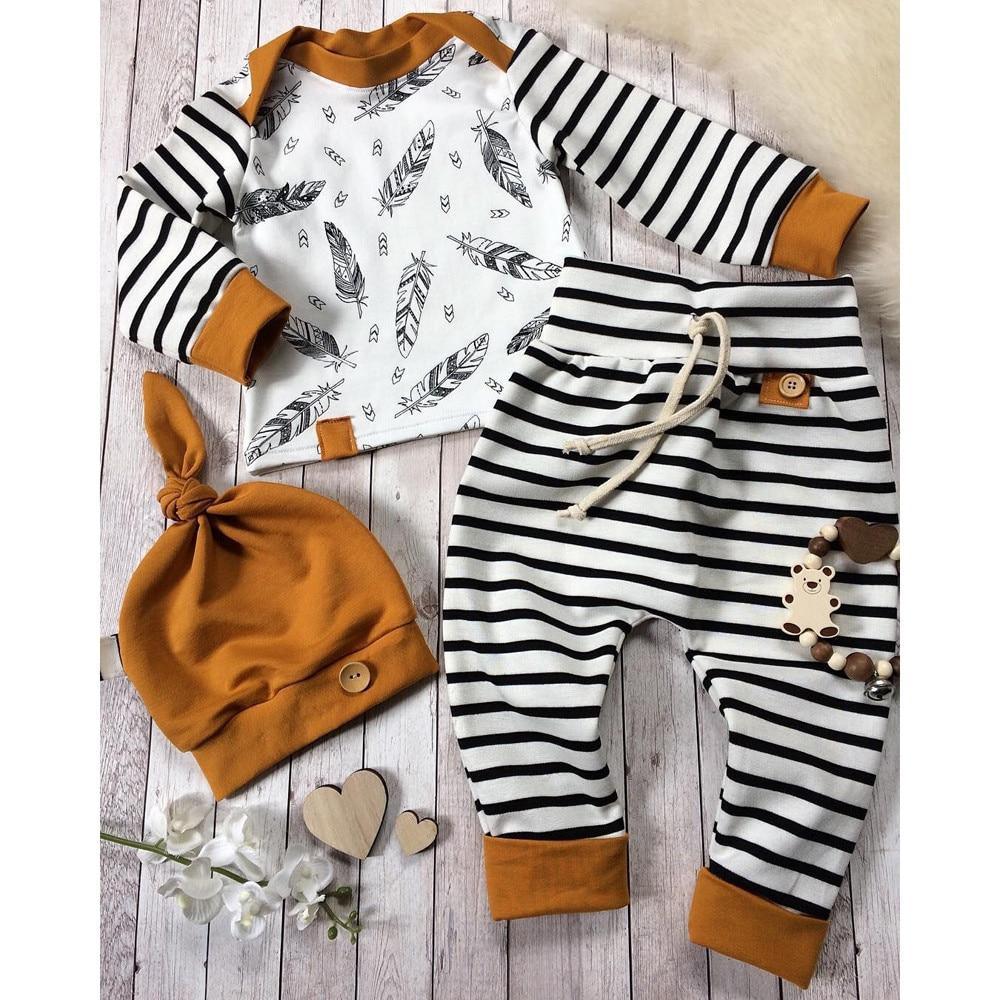Modern Newborn Baby Boy Clothes Feather T shirt Tops Strip Pants Set For Kids Stevvex