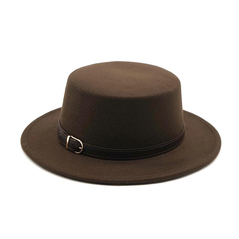 One Size New Retro Winter Autumn Women Men Top Hat Cotton Warm Winter Hat Solid Color Wide Brim Straight Sides Hat Fedora Hat Luxury Fedora Hats With Belt Buckle Elegant Flat Brim Hat Stevvex