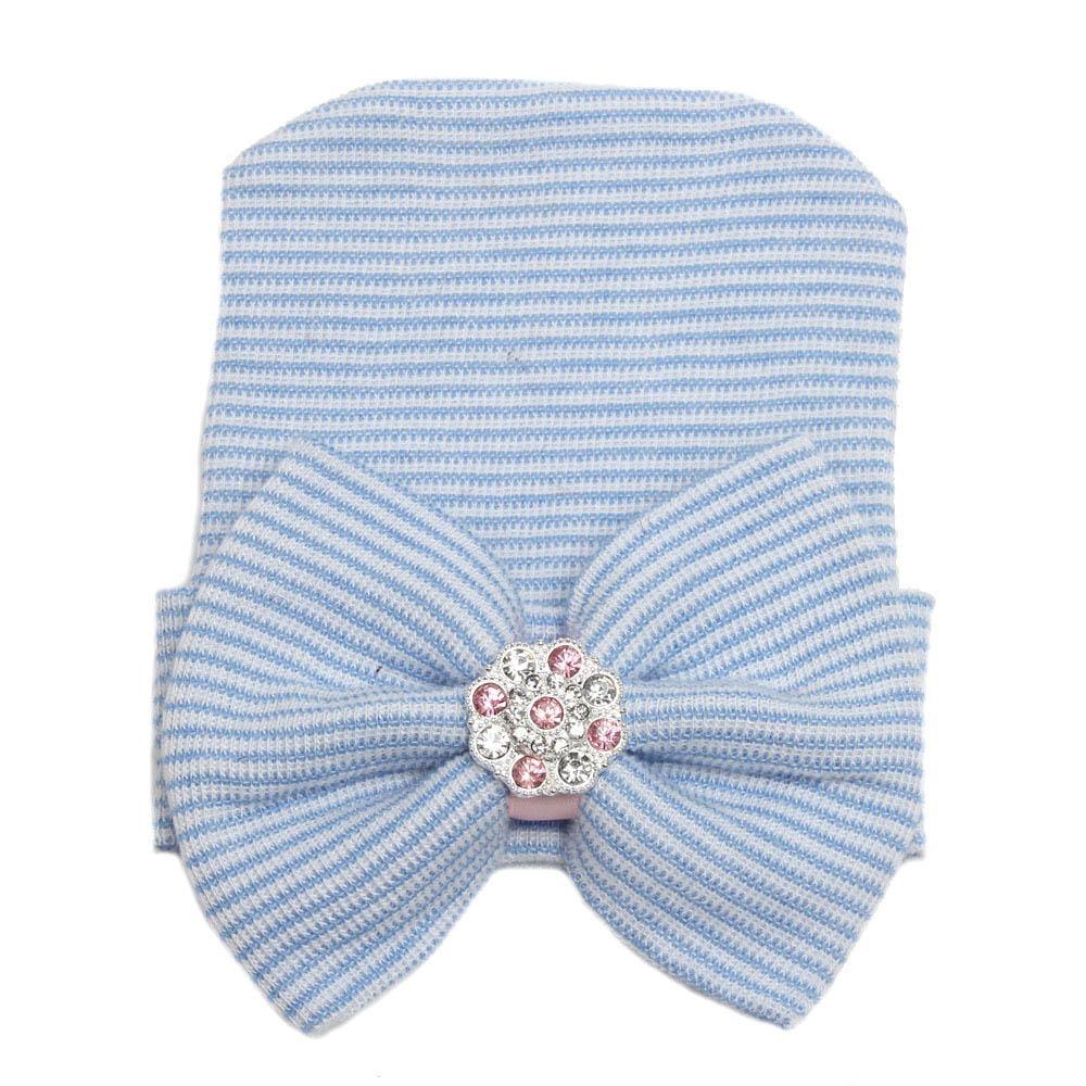 Modern Luxury Baby Girl Cotton Knit Striped Baby Caps With Big Bow For Baby Girls In Elegant Style Stevvex