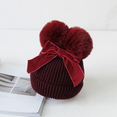 Baby Double Pompom Knitted Hat For Baby Girl Warm Thicker Children Infant Beanie Cap In elegant Winter Modern Deisgn With Big Bow Stevvex