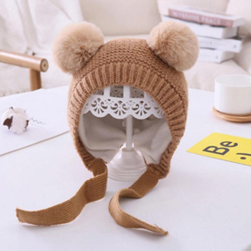 Handmade Modern Trend Winter  Christmas Knitted Baby Hat Cute Double Pompom Infant Baby Boy Girl Cap Ear Protection Hats Kids Children Cap Stevvex