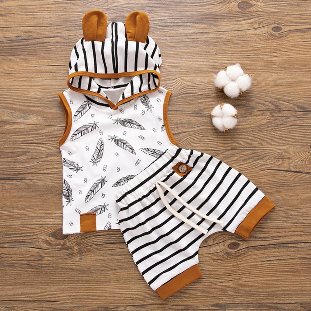 Modern Newborn Baby Boy Clothes Feather T shirt Tops Strip Pants Set For Kids Stevvex