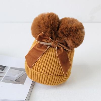Baby Double Pompom Knitted Hat For Baby Girl Warm Thicker Children Infant Beanie Cap In elegant Winter Modern Deisgn With Big Bow Stevvex