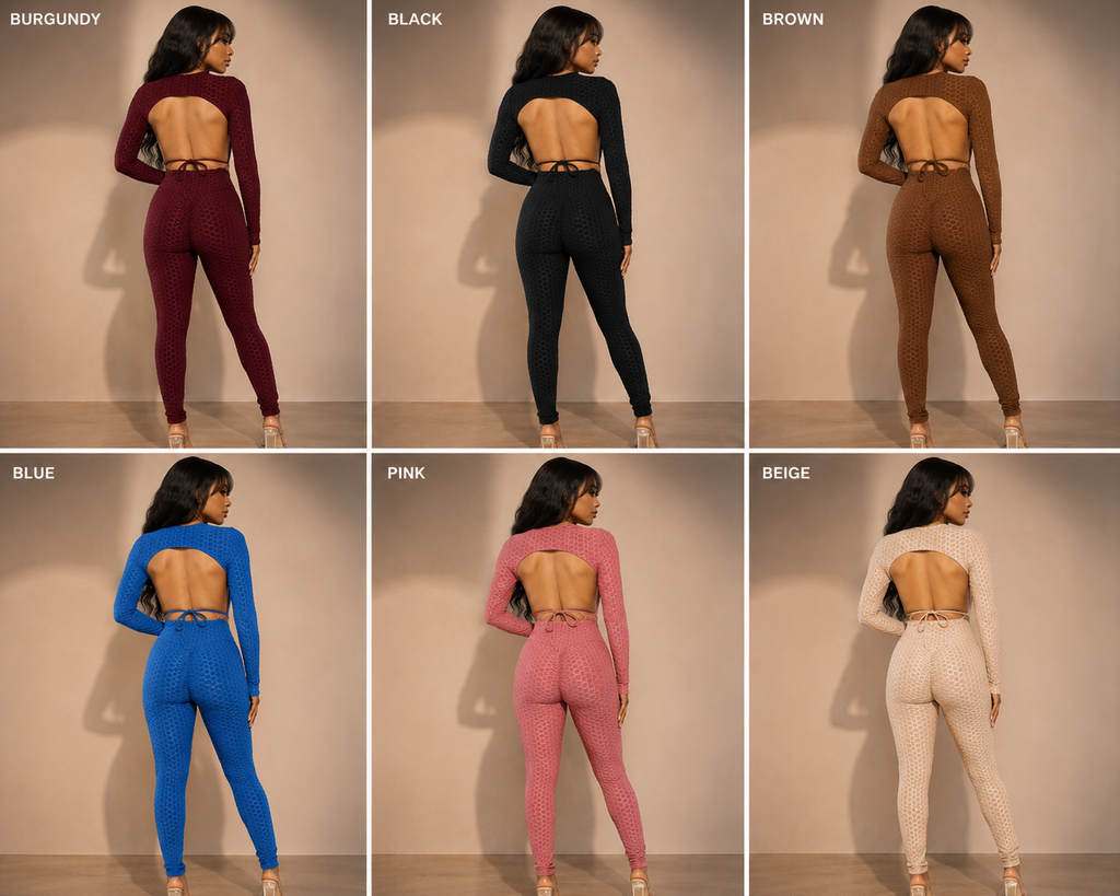 Honeycomb Open Back Leggings Set – Textured 2 Piece Outfit Rose In Concrete 🥀