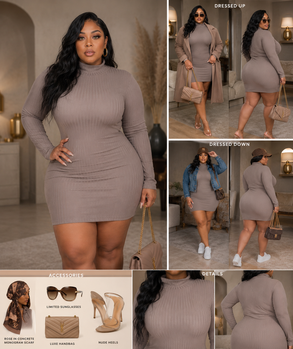 Ribbed Long Sleeve Mock Neck Mini Bodycon Dress