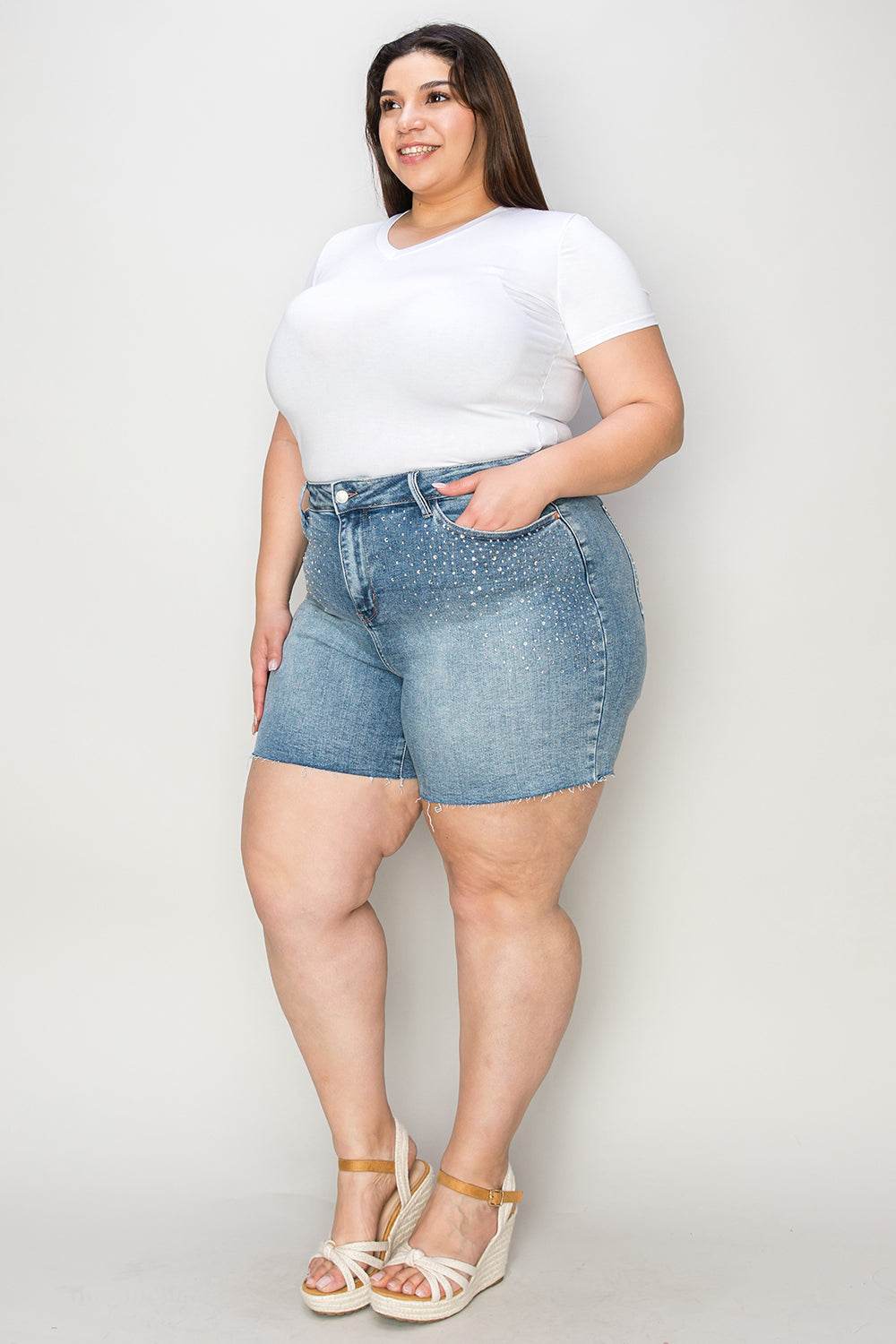 Judy Blue Full Size High Waist Raw Hem Denim Women Shorts
