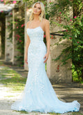 Size 10, The Dutchess Gown - Light Blue - Floral Lace Dress With Straight Neckline - FINAL SALE