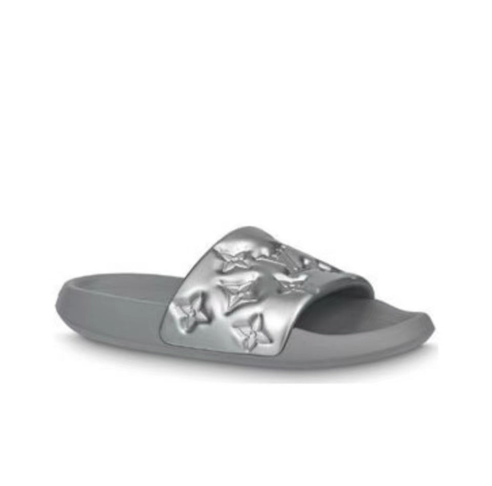 LOUIS VUITTON Waterfront Slide Slippers Men's Silver Gray