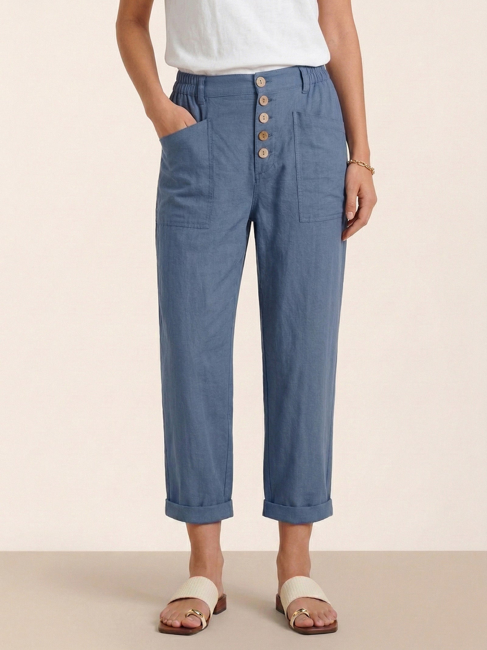 Linen Simple Button Fly Trousers HEIDI LINTICO