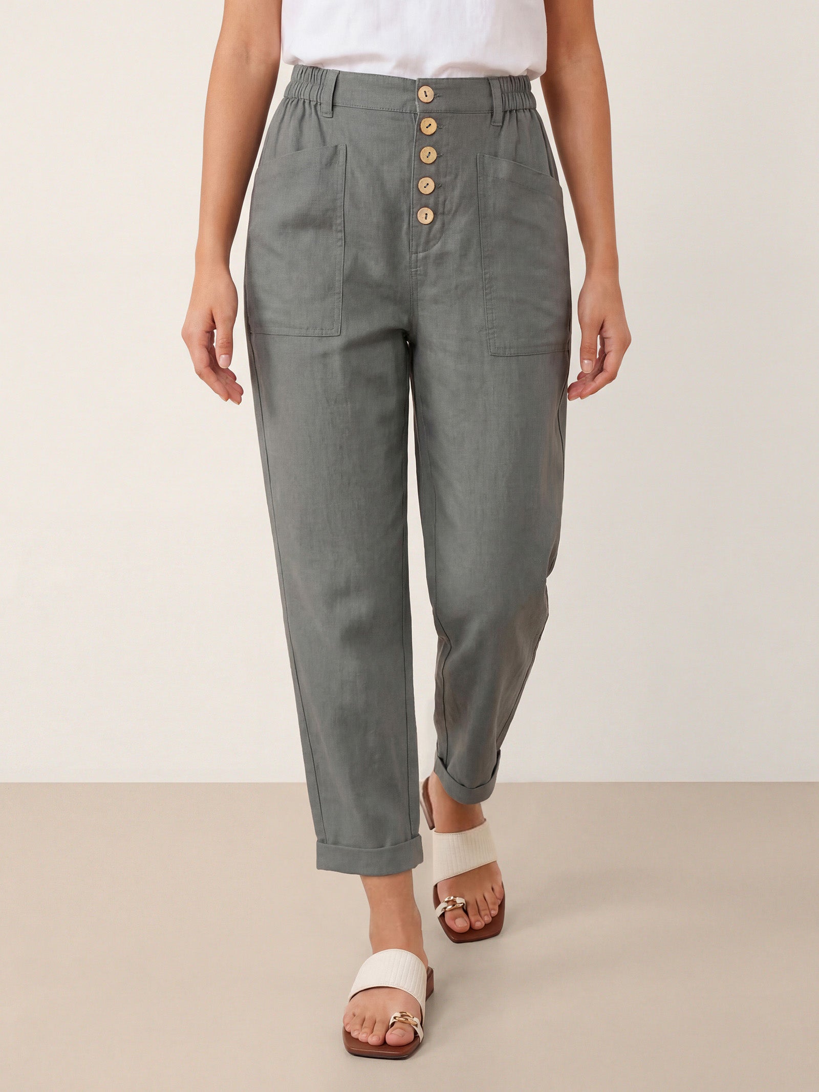 Linen Simple Button Fly Trousers HEIDI LINTICO