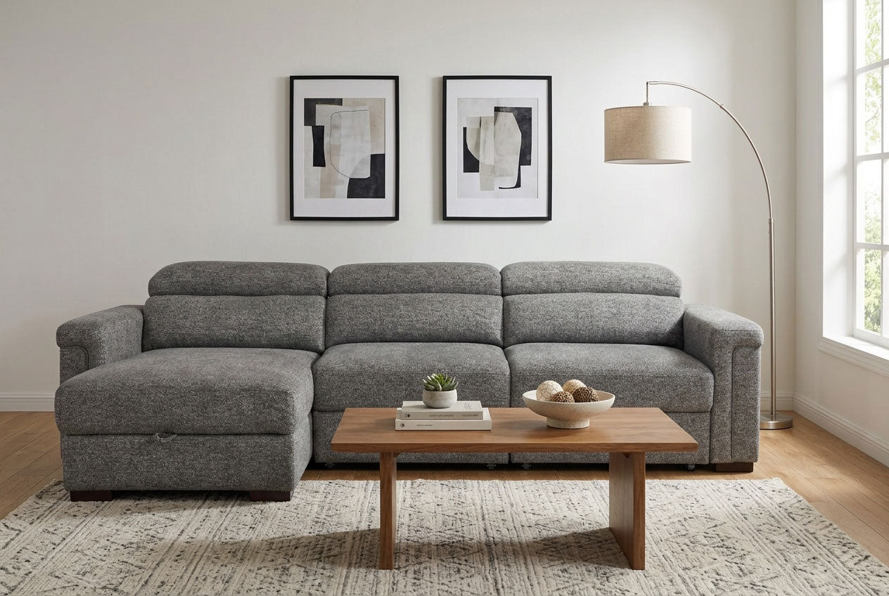 Lucious Gray Double Slider Power Sectional Sofa w/ Storage LAF Chaise Ornate Furniture