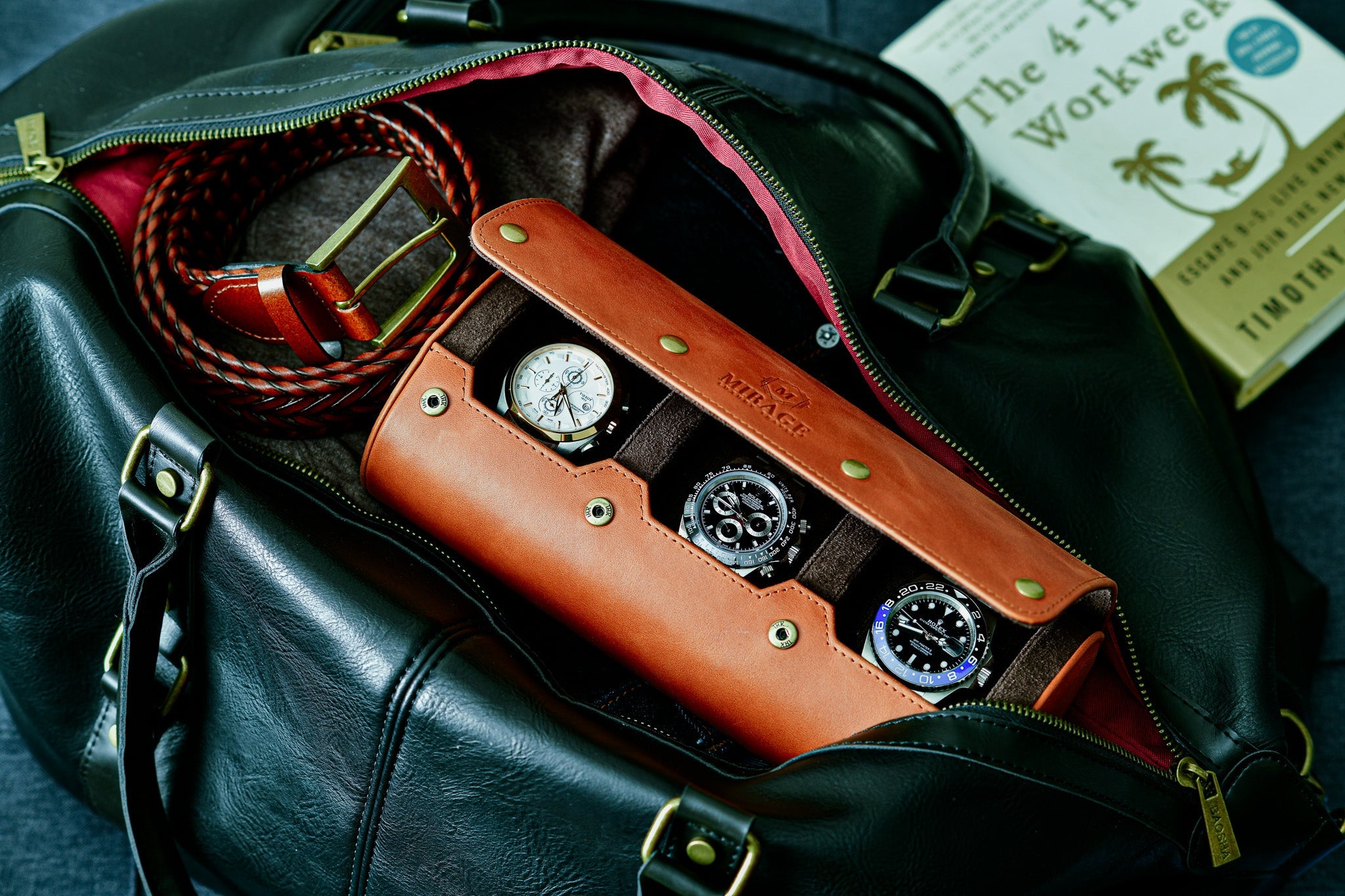 Tawny Brown Full-grain Cow Leather Watch Roll - 3 Watches