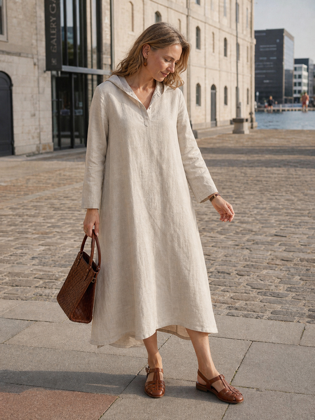 100% Linen Hooded Pullover Midi Dress REBECCA LINTICO