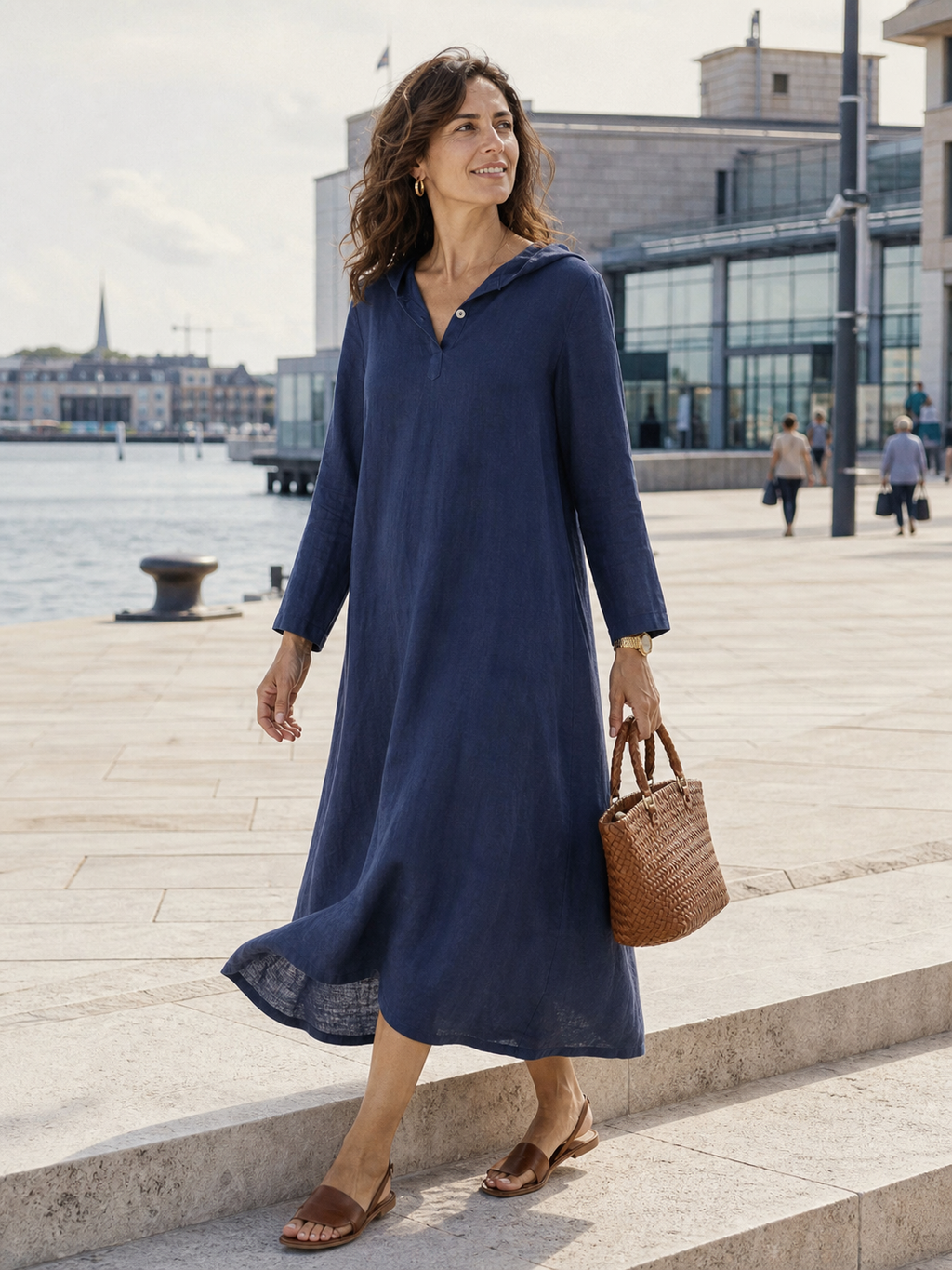 100% Linen Hooded Pullover Midi Dress REBECCA LINTICO