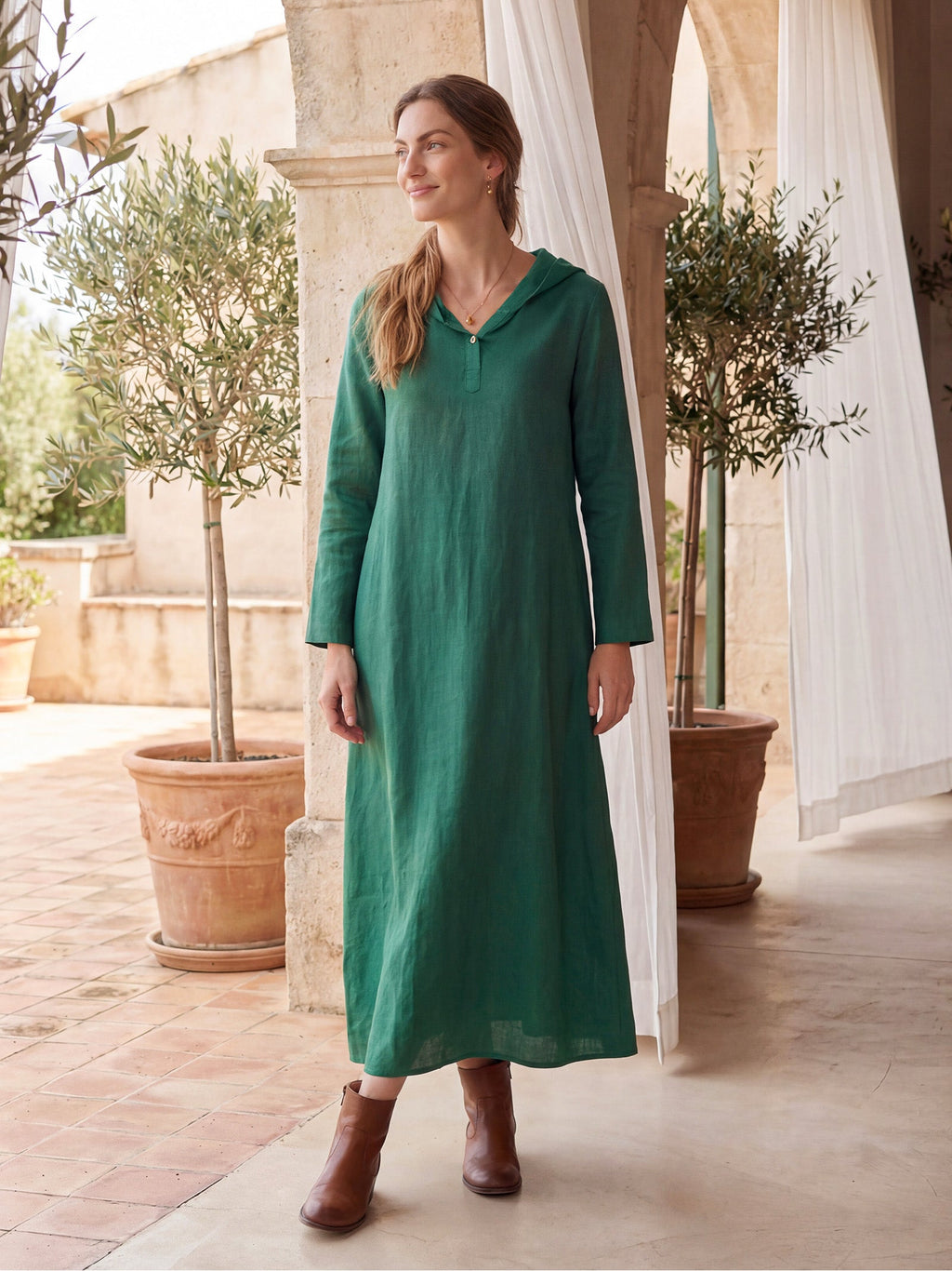 100% Linen Hooded Pullover Midi Dress REBECCA LINTICO